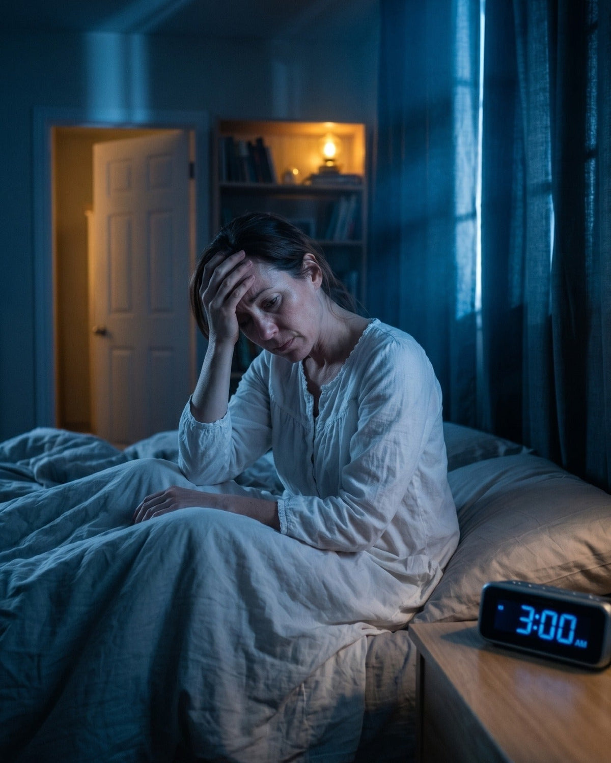 Woman sitting awake on her bed at night.